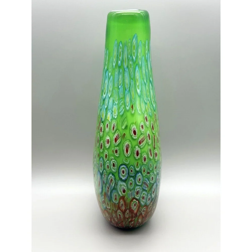 VTG DS Studio Green Peacock Eye Murrine Glass Vase Millefiori Murano Style 12.5